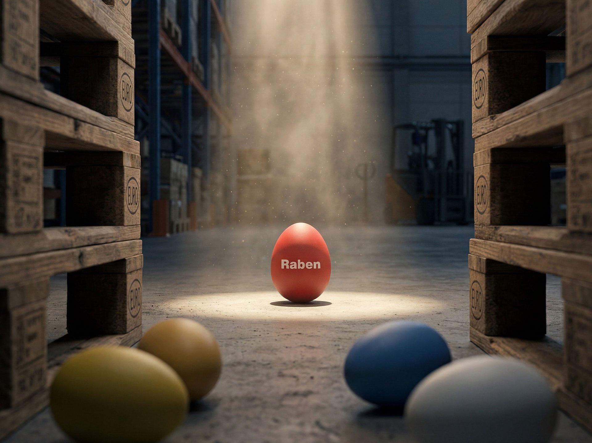 Rotes Ei als Transport-Alternative wird zwischen Paletten in einer Industriehalle sichtbar.