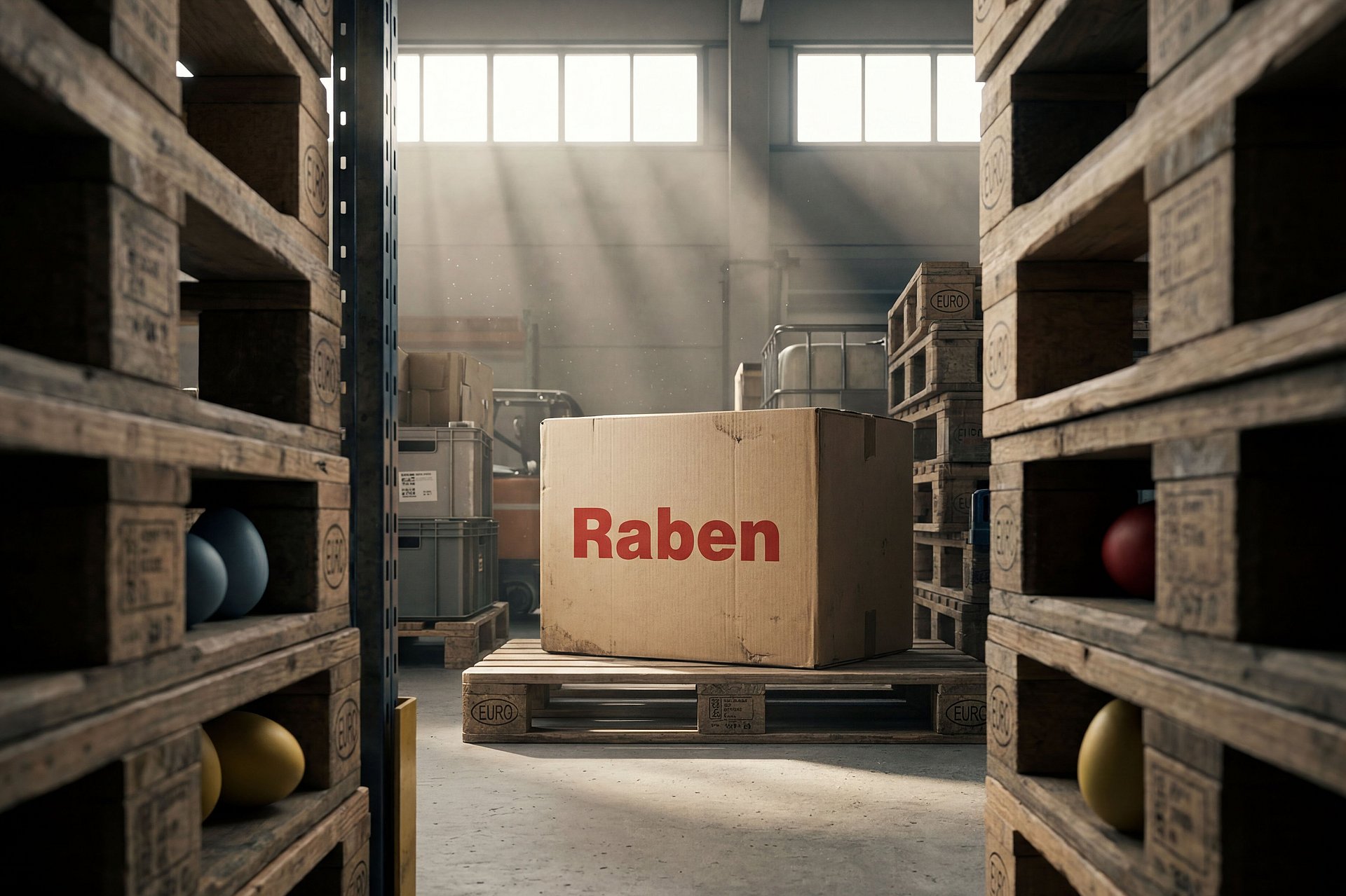 Viele versteckte Eier in einer Logistikhalle symbolisieren unübersichtliche Spediteur-Auswahl im Landverkehr.